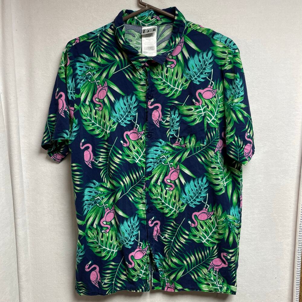Issac Morris IML flamingo HAWAIIAN short sleeve button shirt green blue large
